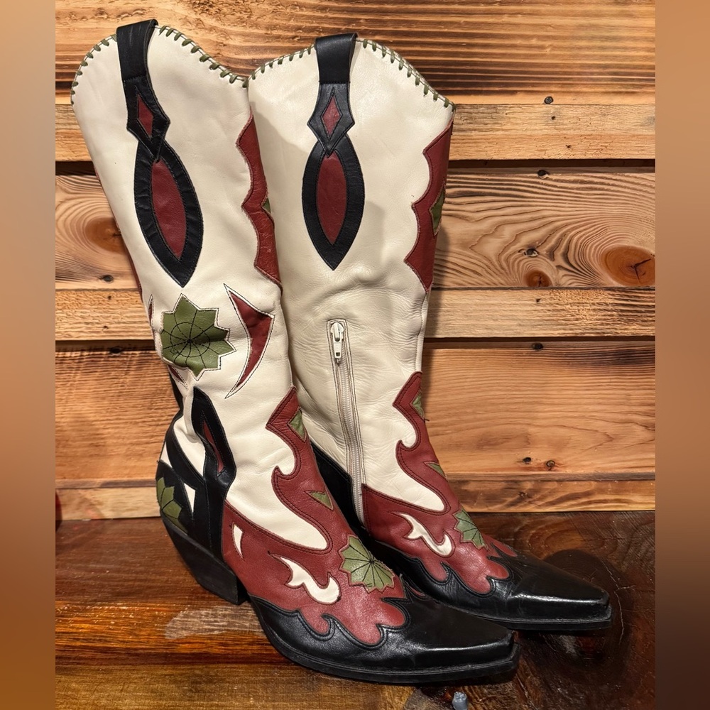BCBGirls Two-Tone Western Heeled Boots in White, Black, Red & Green